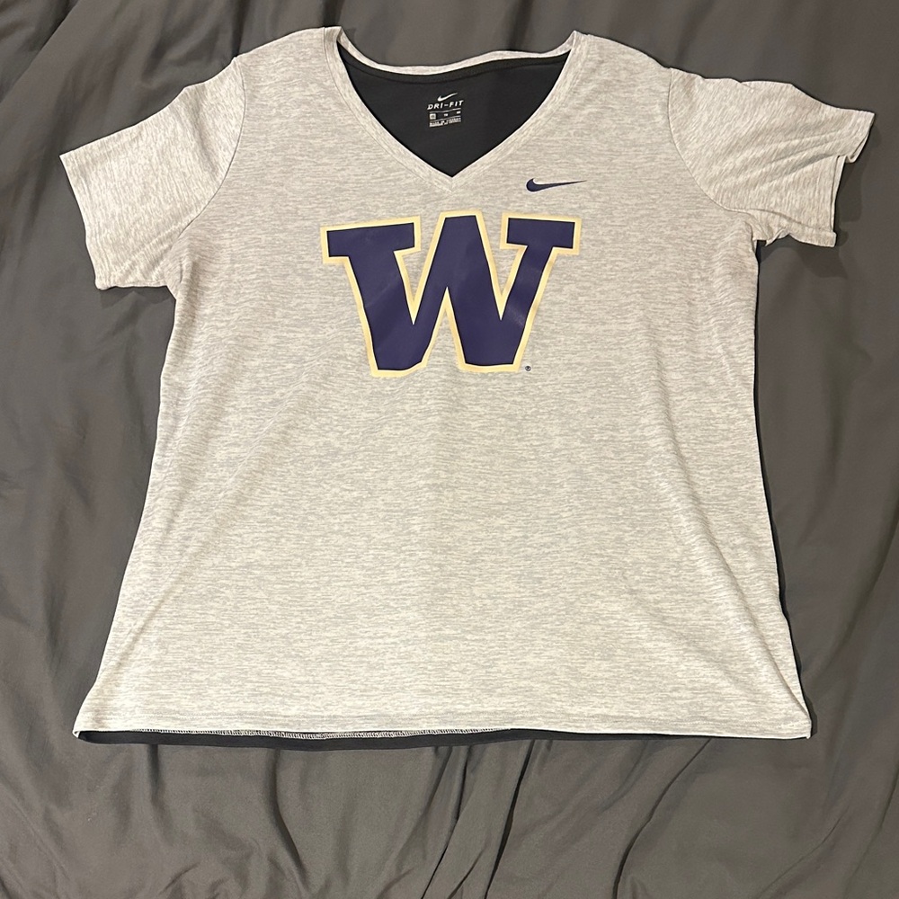 Nike Heather Gray Women's V-Neck Tee with Purple Logo